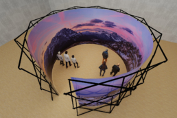 People in front of 360 degree screen exhibition structure